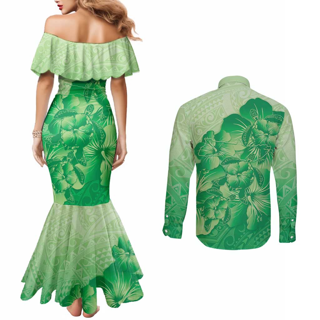 Aloha Hawaii Molokai Island Couples Matching Mermaid Dress and Long Sleeve Button Shirt Hibiscus Tribal Honu Hawaiian Tattoo Green