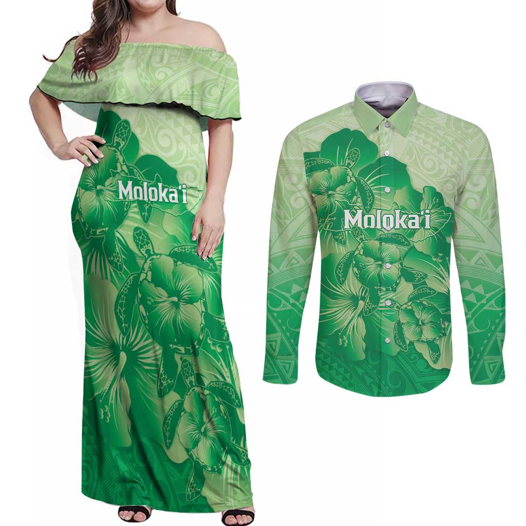 Aloha Hawaii Molokai Island Couples Matching Off Shoulder Maxi Dress and Long Sleeve Button Shirt Hibiscus Tribal Honu Hawaiian Tattoo Green