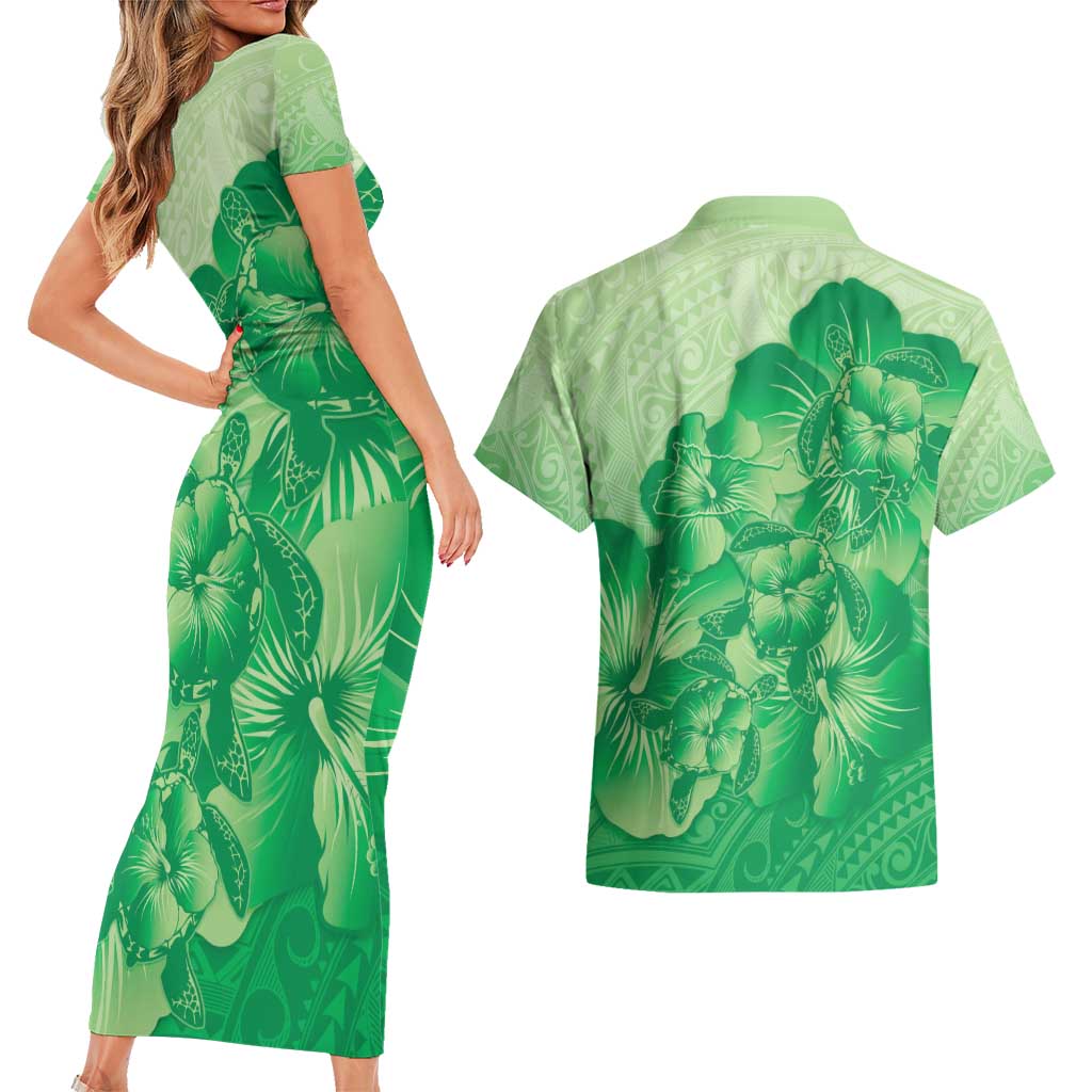 Aloha Hawaii Molokai Island Couples Matching Short Sleeve Bodycon Dress and Hawaiian Shirt Hibiscus Tribal Honu Hawaiian Tattoo Green