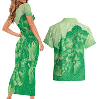 Aloha Hawaii Molokai Island Couples Matching Short Sleeve Bodycon Dress and Hawaiian Shirt Hibiscus Tribal Honu Hawaiian Tattoo Green