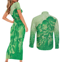 Aloha Hawaii Molokai Island Couples Matching Short Sleeve Bodycon Dress and Long Sleeve Button Shirt Hibiscus Tribal Honu Hawaiian Tattoo Green