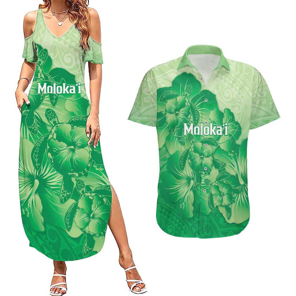 Aloha Hawaii Molokai Island Couples Matching Summer Maxi Dress and Hawaiian Shirt Hibiscus Tribal Honu Hawaiian Tattoo Green