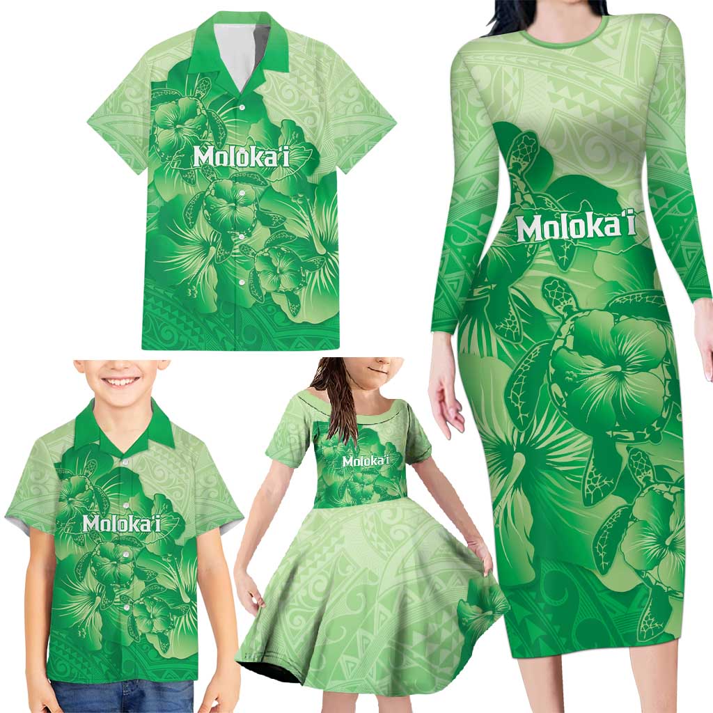 Aloha Hawaii Molokai Island Family Matching Long Sleeve Bodycon Dress and Hawaiian Shirt Hibiscus Tribal Honu Hawaiian Tattoo Green