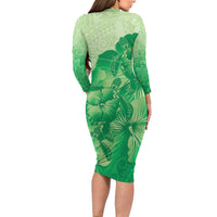 Aloha Hawaii Molokai Island Family Matching Long Sleeve Bodycon Dress and Hawaiian Shirt Hibiscus Tribal Honu Hawaiian Tattoo Green