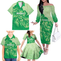 Aloha Hawaii Molokai Island Family Matching Off The Shoulder Long Sleeve Dress and Hawaiian Shirt Hibiscus Tribal Honu Hawaiian Tattoo Green