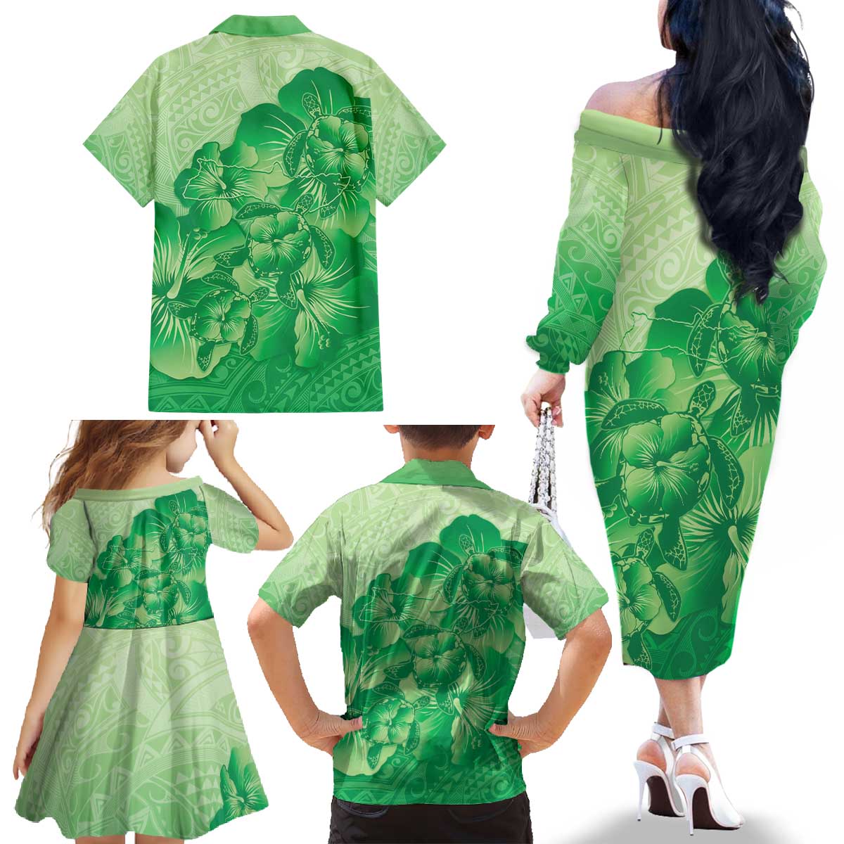Aloha Hawaii Molokai Island Family Matching Off The Shoulder Long Sleeve Dress and Hawaiian Shirt Hibiscus Tribal Honu Hawaiian Tattoo Green