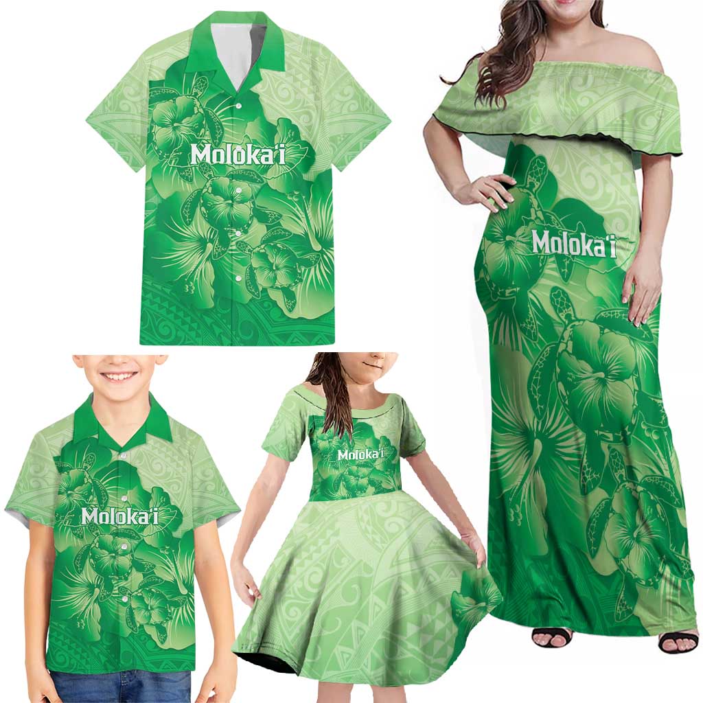 Aloha Hawaii Molokai Island Family Matching Off Shoulder Maxi Dress and Hawaiian Shirt Hibiscus Tribal Honu Hawaiian Tattoo Green