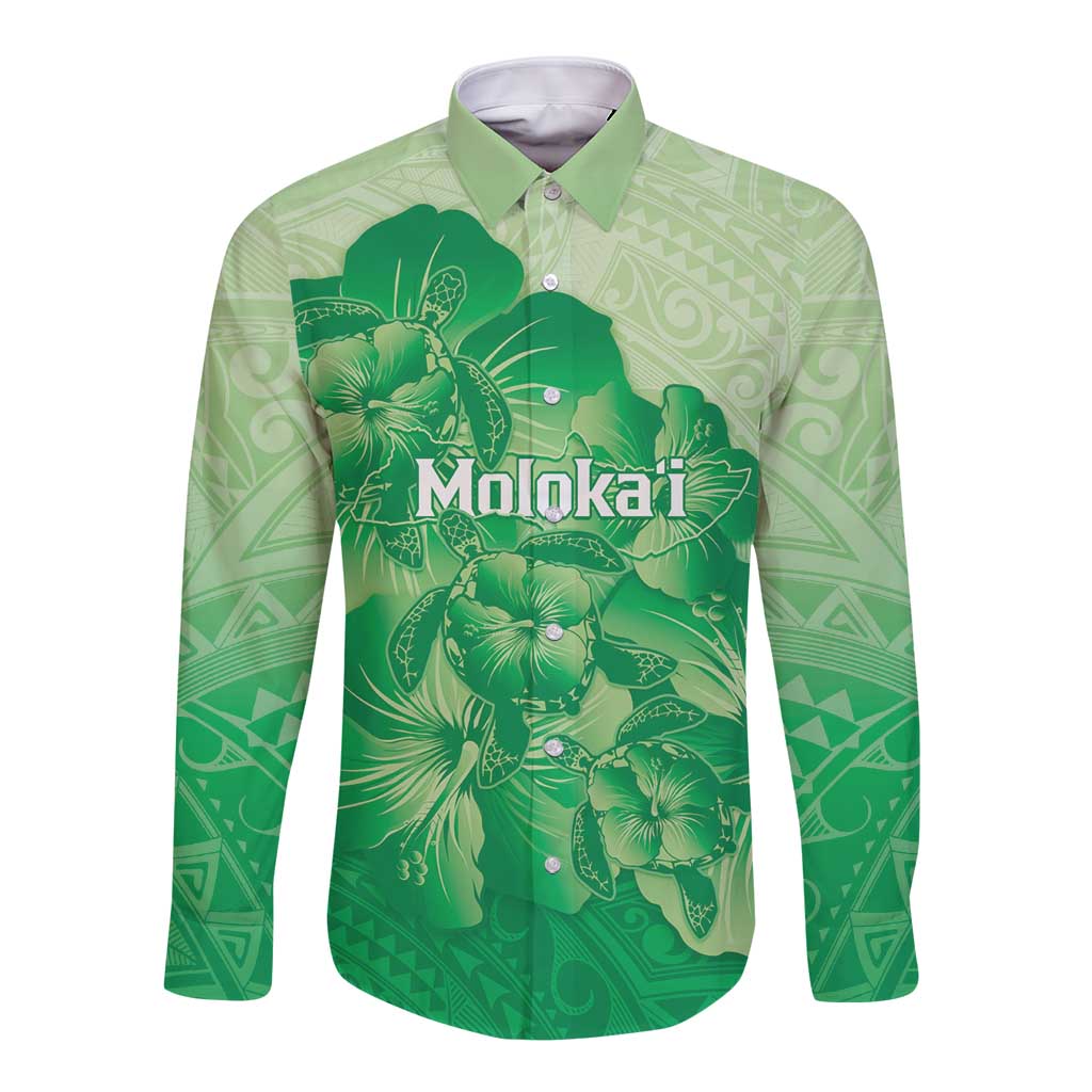 Aloha Hawaii Molokai Island Long Sleeve Button Shirt Hibiscus Tribal Honu Hawaiian Tattoo Green