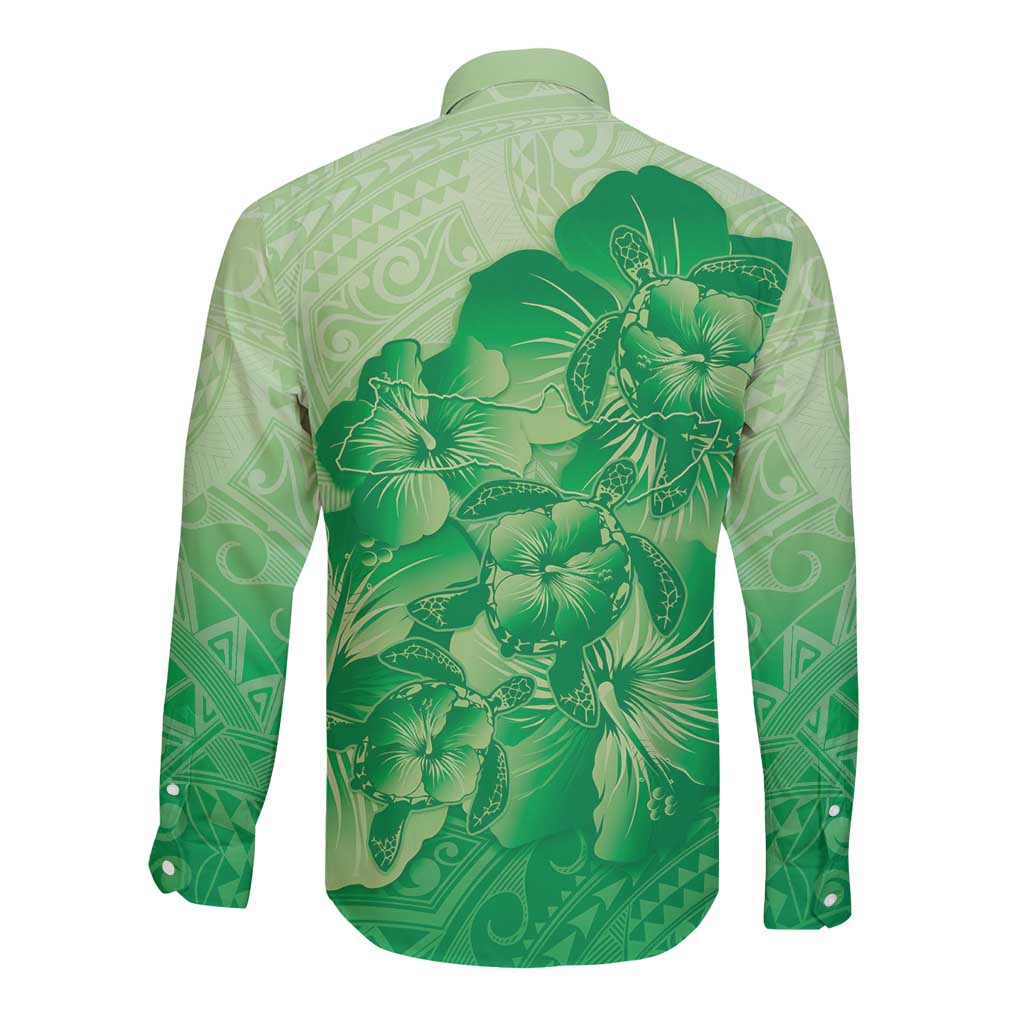 Aloha Hawaii Molokai Island Long Sleeve Button Shirt Hibiscus Tribal Honu Hawaiian Tattoo Green