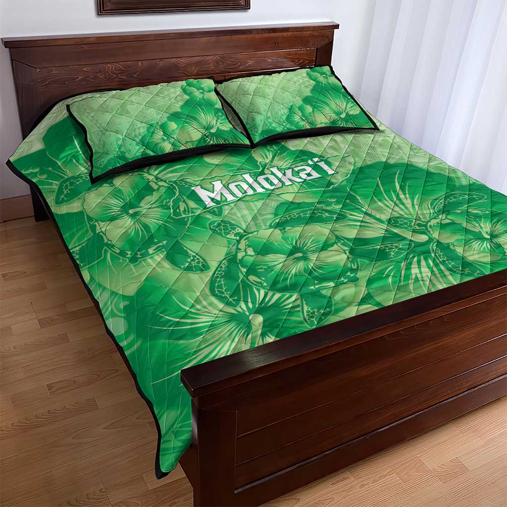 Aloha Hawaii Molokai Island Quilt Bed Set Hibiscus Tribal Honu Hawaiian Tattoo Green