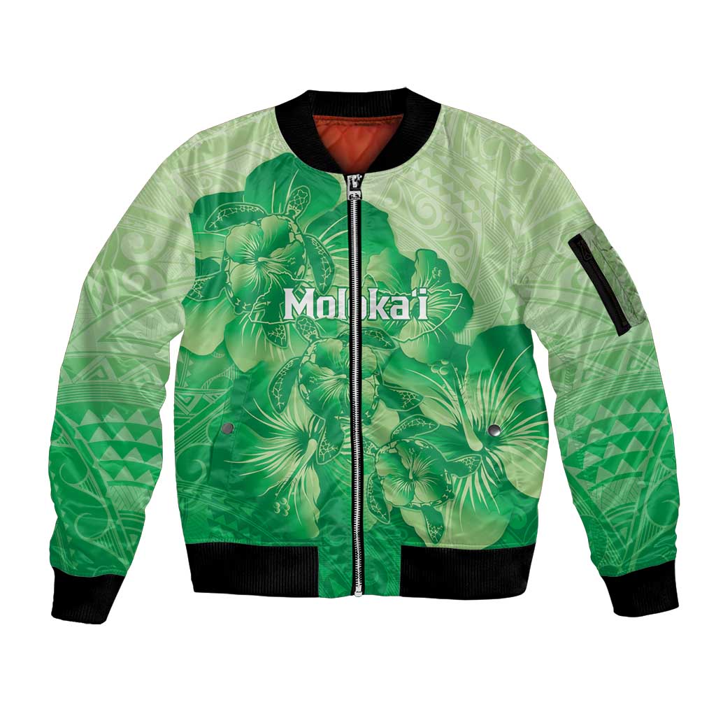 Aloha Hawaii Molokai Island Sleeve Zip Bomber Jacket Hibiscus Tribal Honu Hawaiian Tattoo Green