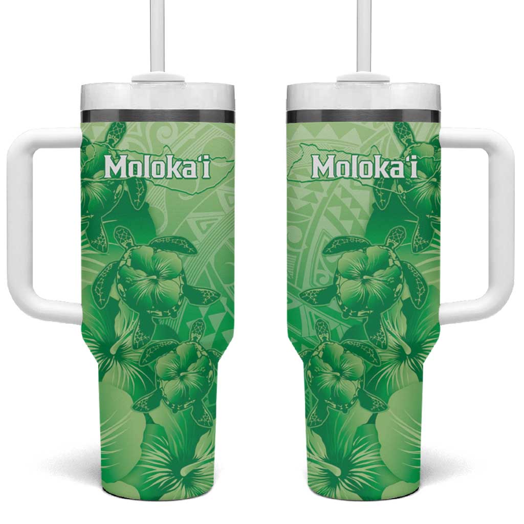 Aloha Hawaii Molokai Island Tumbler With Handle Hibiscus Tribal Honu Hawaiian Tattoo Green