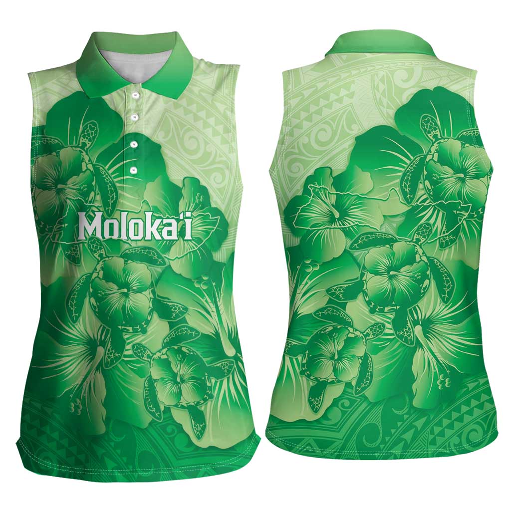 Aloha Hawaii Molokai Island Women Sleeveless Polo Shirt Hibiscus Tribal Honu Hawaiian Tattoo Green