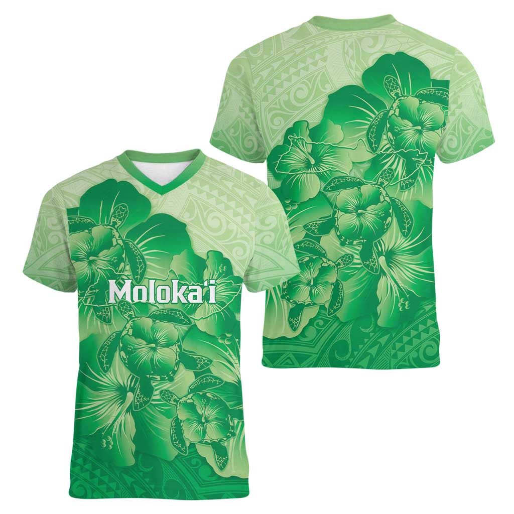Aloha Hawaii Molokai Island Women V-Neck T-Shirt Hibiscus Tribal Honu Hawaiian Tattoo Green