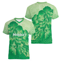 Aloha Hawaii Molokai Island Women V-Neck T-Shirt Hibiscus Tribal Honu Hawaiian Tattoo Green