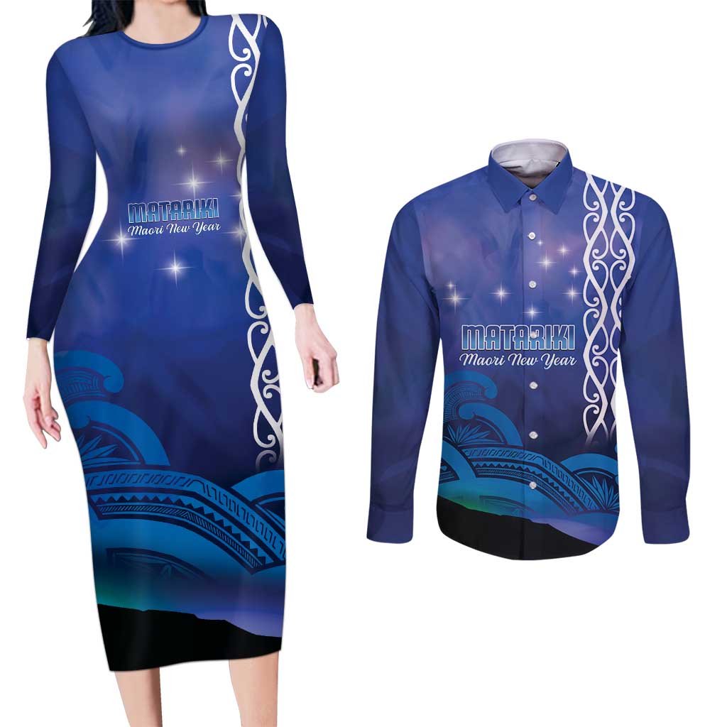 Personalised Matariki New Zealand Couples Matching Long Sleeve Bodycon Dress and Long Sleeve Button Shirt Maori New Year Galaxy Koru Pattern