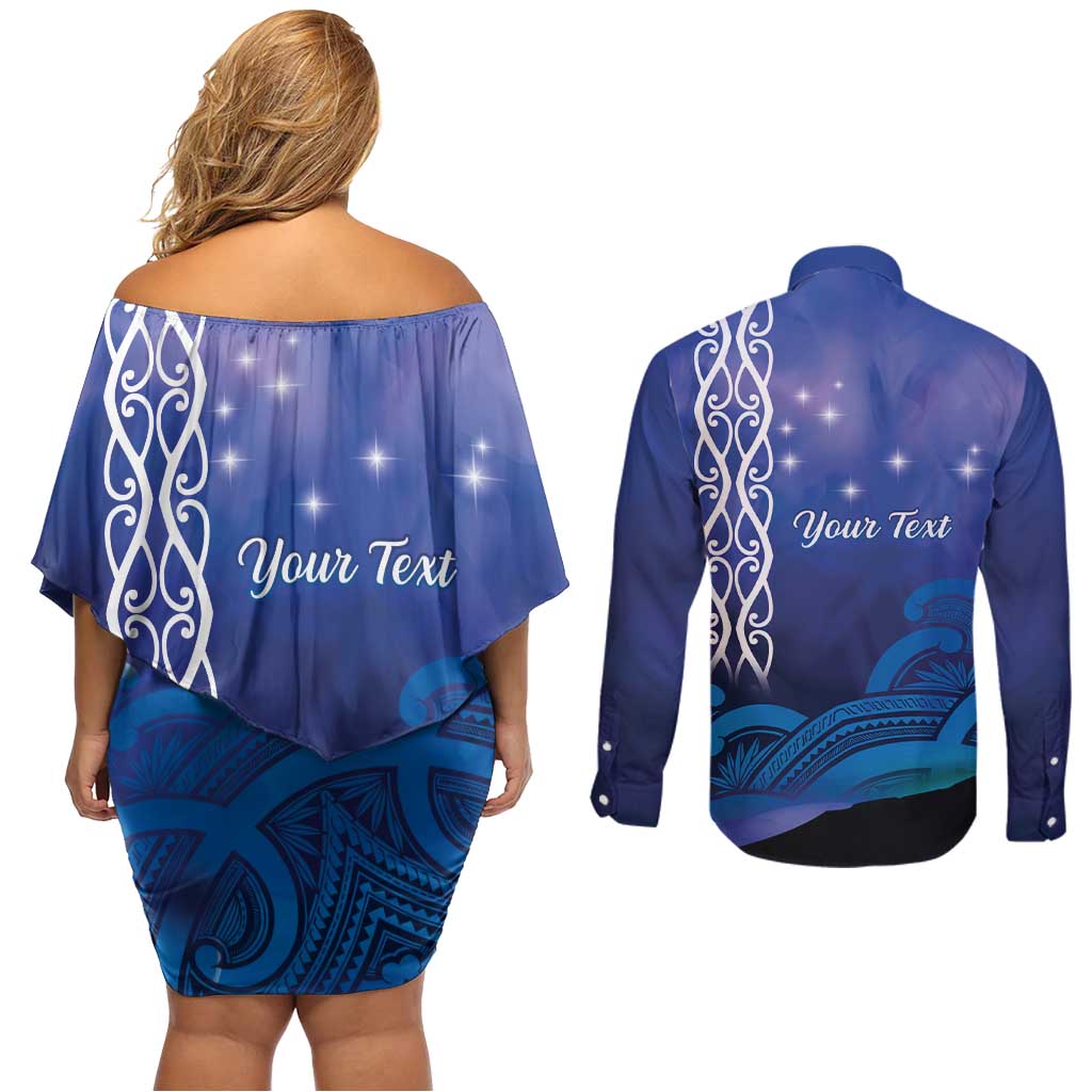 Personalised Matariki New Zealand Couples Matching Off Shoulder Short Dress and Long Sleeve Button Shirt Maori New Year Galaxy Koru Pattern