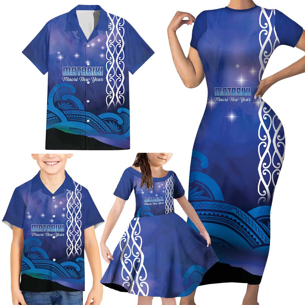 Personalised Matariki New Zealand Family Matching Short Sleeve Bodycon Dress and Hawaiian Shirt Maori New Year Galaxy Koru Pattern