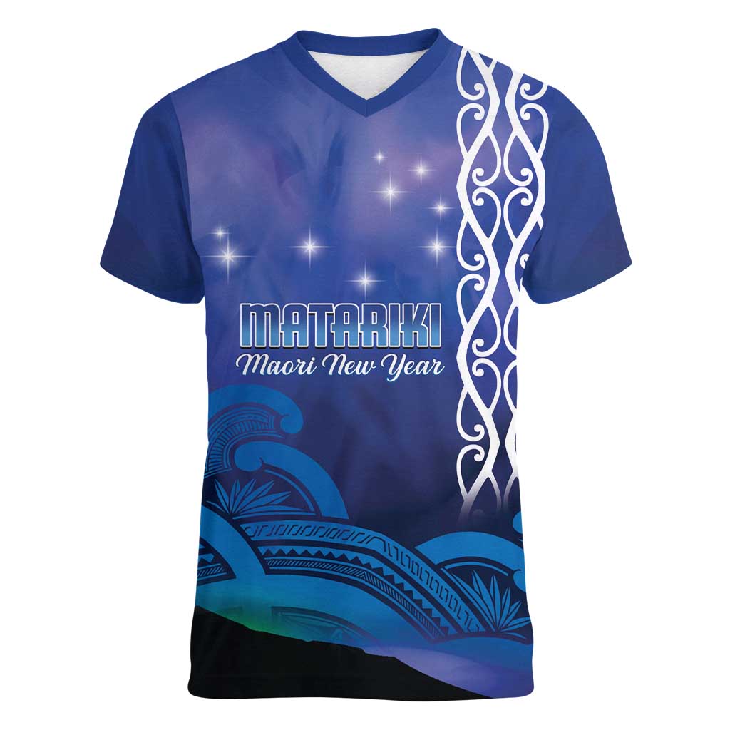 Personalised Matariki New Zealand Women V-Neck T-Shirt Maori New Year Galaxy Koru Pattern