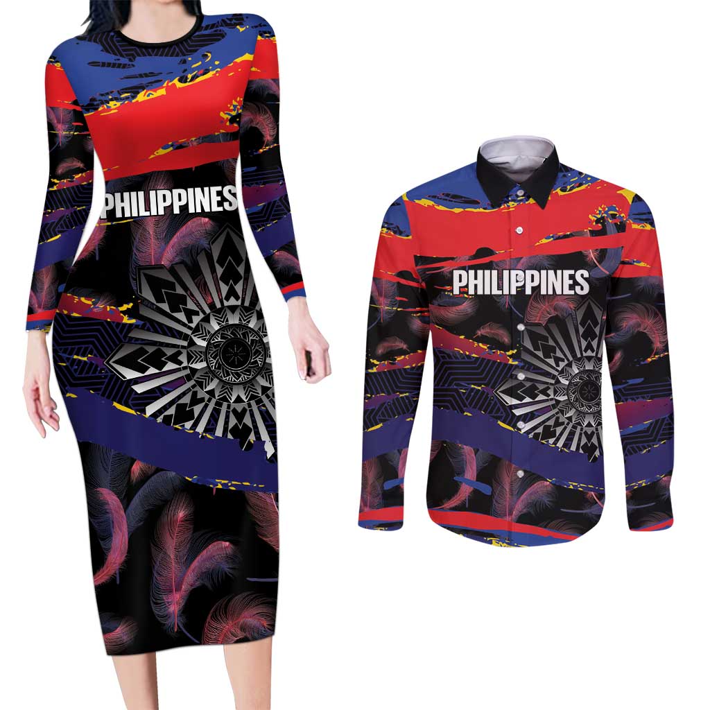 Philippines Sun Tattoo Couples Matching Long Sleeve Bodycon Dress and Long Sleeve Button Shirt Feathers Filipinas Grunge Style Black