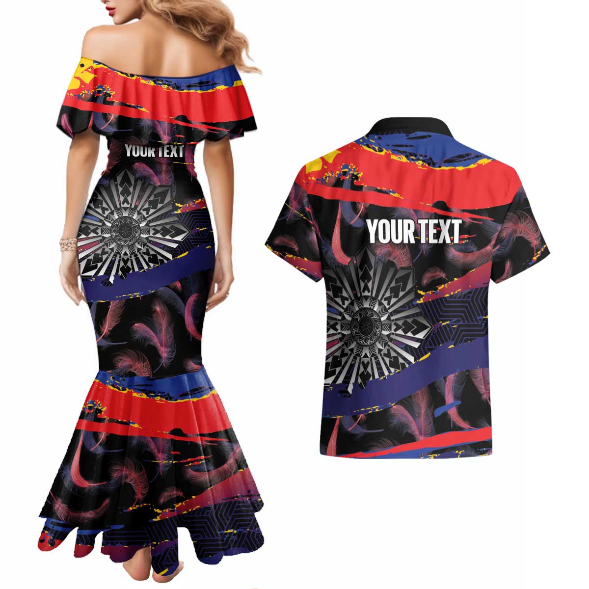 Philippines Sun Tattoo Couples Matching Mermaid Dress and Hawaiian Shirt Feathers Filipinas Grunge Style Black