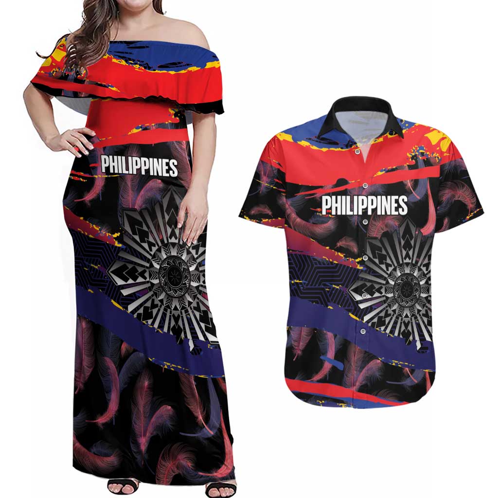 Philippines Sun Tattoo Couples Matching Off Shoulder Maxi Dress and Hawaiian Shirt Feathers Filipinas Grunge Style Black