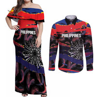 Philippines Sun Tattoo Couples Matching Off Shoulder Maxi Dress and Long Sleeve Button Shirt Feathers Filipinas Grunge Style Black