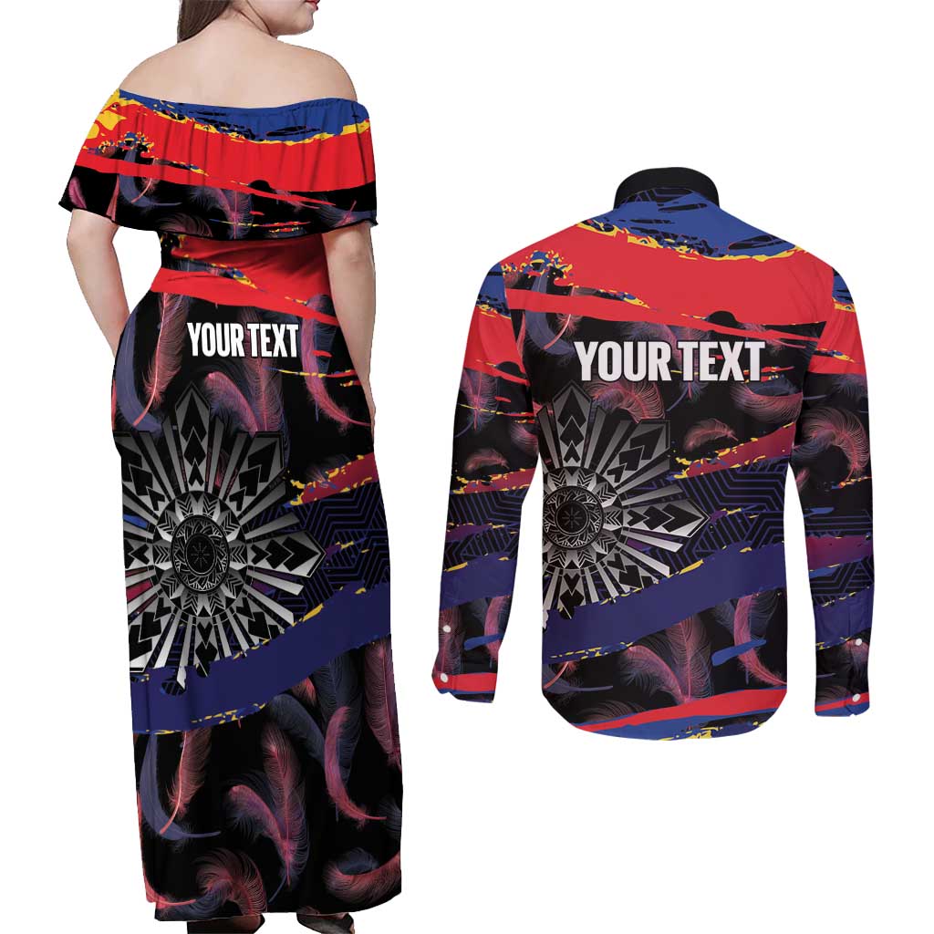 Philippines Sun Tattoo Couples Matching Off Shoulder Maxi Dress and Long Sleeve Button Shirt Feathers Filipinas Grunge Style Black