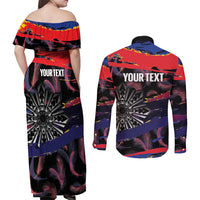 Philippines Sun Tattoo Couples Matching Off Shoulder Maxi Dress and Long Sleeve Button Shirt Feathers Filipinas Grunge Style Black