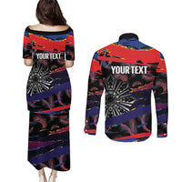 Philippines Sun Tattoo Couples Matching Puletasi and Long Sleeve Button Shirt Feathers Filipinas Grunge Style Black