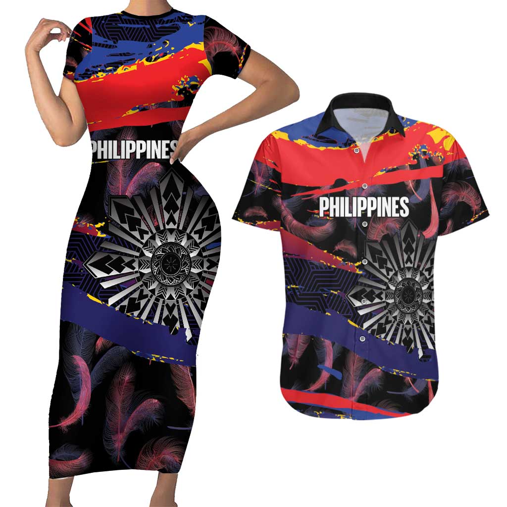 Philippines Sun Tattoo Couples Matching Short Sleeve Bodycon Dress and Hawaiian Shirt Feathers Filipinas Grunge Style Black