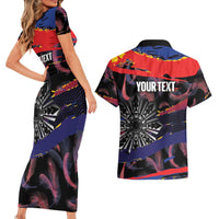 Philippines Sun Tattoo Couples Matching Short Sleeve Bodycon Dress and Hawaiian Shirt Feathers Filipinas Grunge Style Black