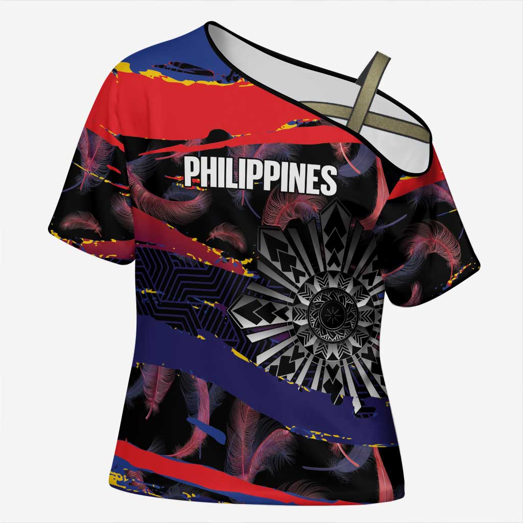 Philippines Sun Tattoo Cross Shoulder Shirt Feathers Filipinas Grunge Style Black