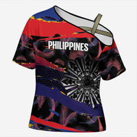 Philippines Sun Tattoo Cross Shoulder Shirt Feathers Filipinas Grunge Style Black