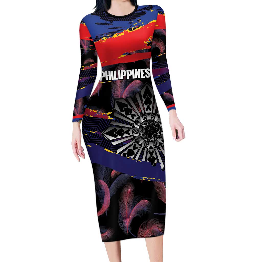 Philippines Sun Tattoo Family Matching Long Sleeve Bodycon Dress and Hawaiian Shirt Feathers Filipinas Grunge Style Black LT14 Mom's Dress Black - Polynesian Pride
