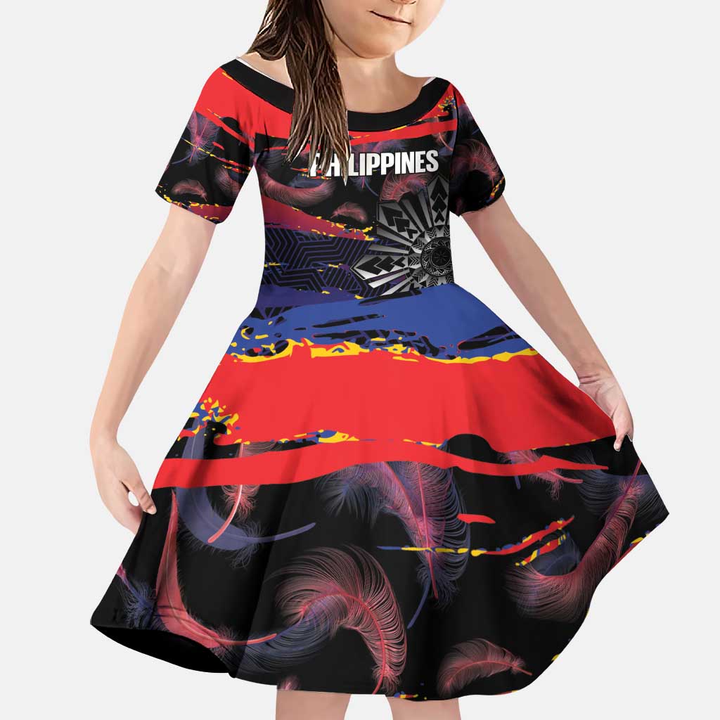 Philippines Sun Tattoo Family Matching Mermaid Dress and Hawaiian Shirt Feathers Filipinas Grunge Style Black LT14 Daughter's Dress Black - Polynesian Pride