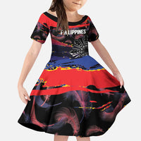 Philippines Sun Tattoo Family Matching Mermaid Dress and Hawaiian Shirt Feathers Filipinas Grunge Style Black LT14 Daughter's Dress Black - Polynesian Pride