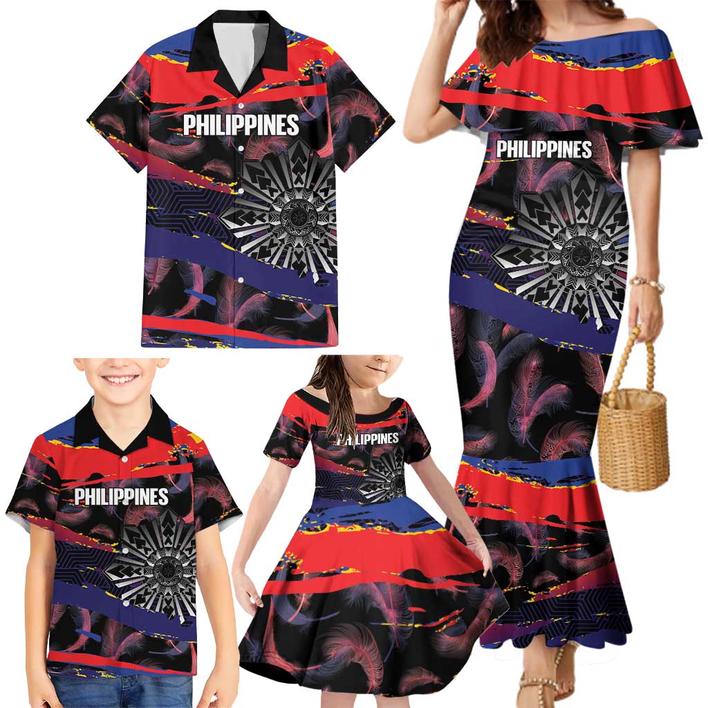 Philippines Sun Tattoo Family Matching Mermaid Dress and Hawaiian Shirt Feathers Filipinas Grunge Style Black LT14 - Polynesian Pride