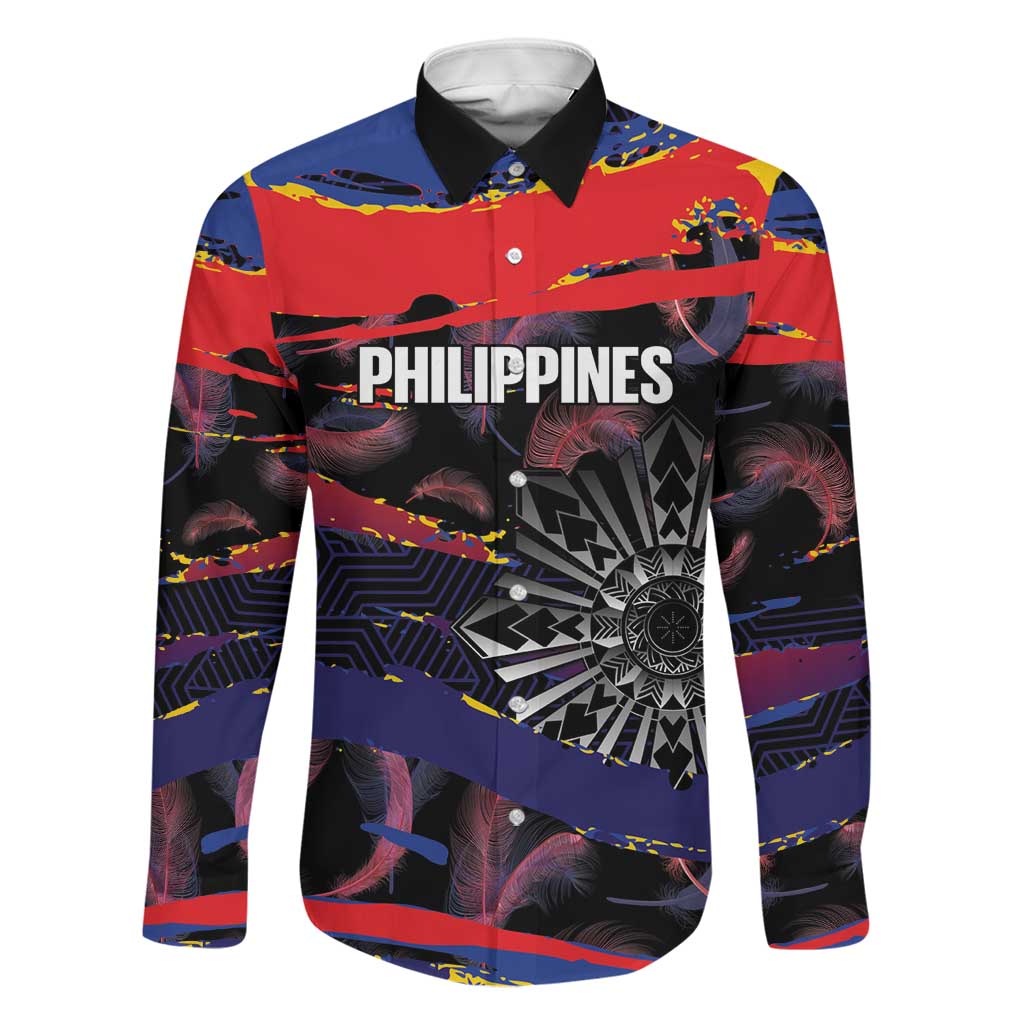 Philippines Sun Tattoo Family Matching Mermaid Dress and Hawaiian Shirt Feathers Filipinas Grunge Style Black LT14 Dad's Shirt - Long Sleeve Black - Polynesian Pride