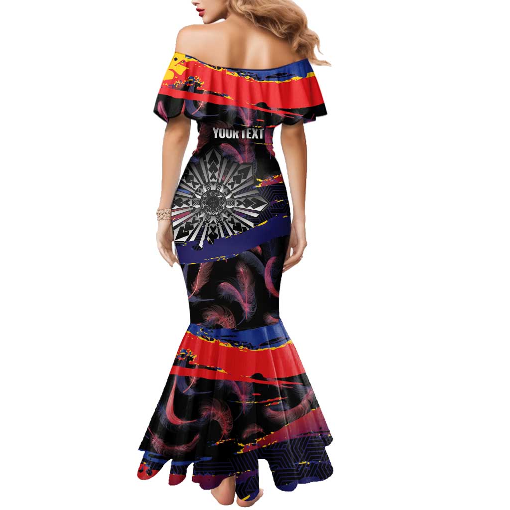 Philippines Sun Tattoo Family Matching Mermaid Dress and Hawaiian Shirt Feathers Filipinas Grunge Style Black LT14 - Polynesian Pride