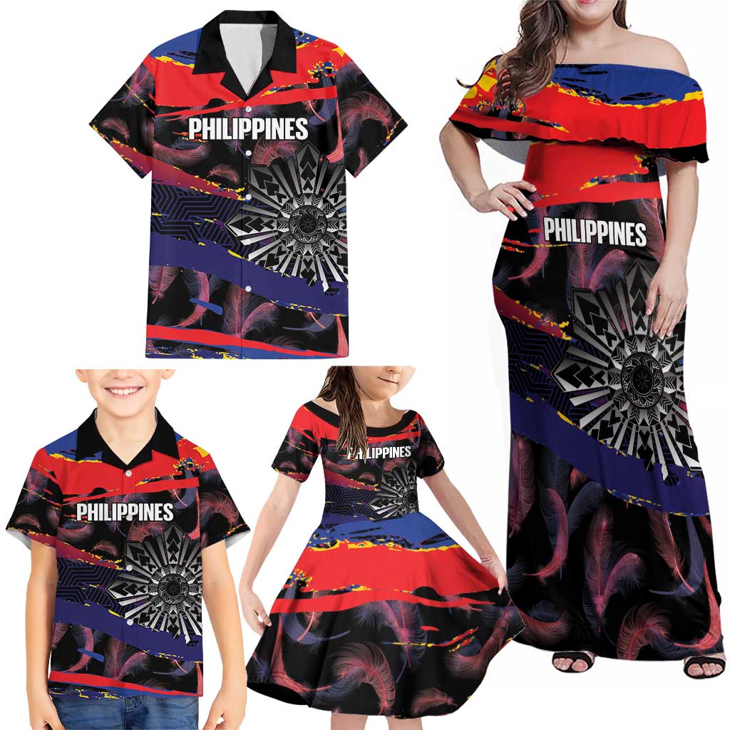 Philippines Sun Tattoo Family Matching Off Shoulder Maxi Dress and Hawaiian Shirt Feathers Filipinas Grunge Style Black LT14 - Polynesian Pride