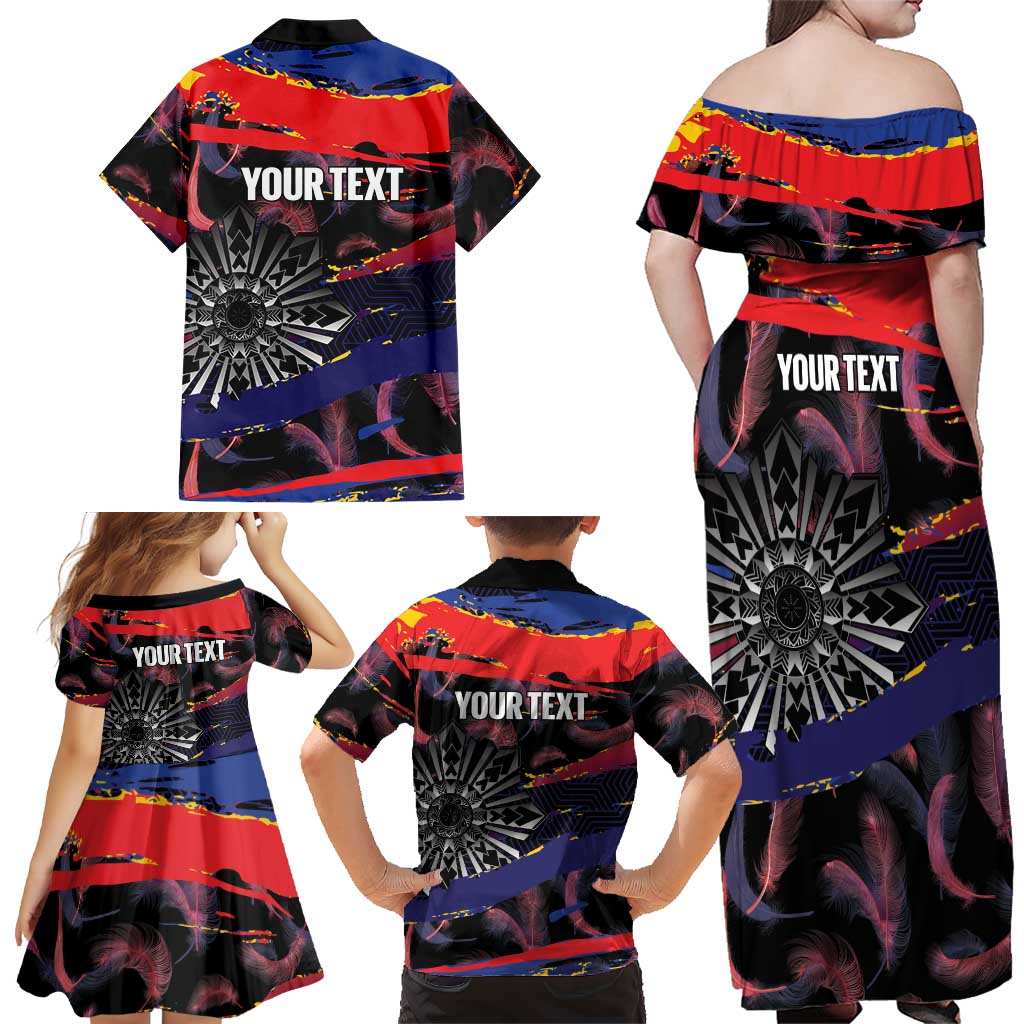 Philippines Sun Tattoo Family Matching Off Shoulder Maxi Dress and Hawaiian Shirt Feathers Filipinas Grunge Style Black LT14 - Polynesian Pride