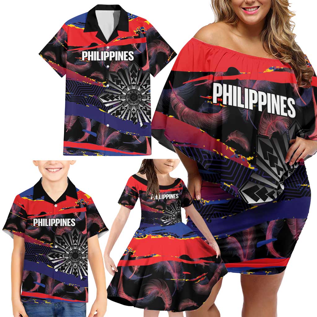 Philippines Sun Tattoo Family Matching Off Shoulder Short Dress and Hawaiian Shirt Feathers Filipinas Grunge Style Black