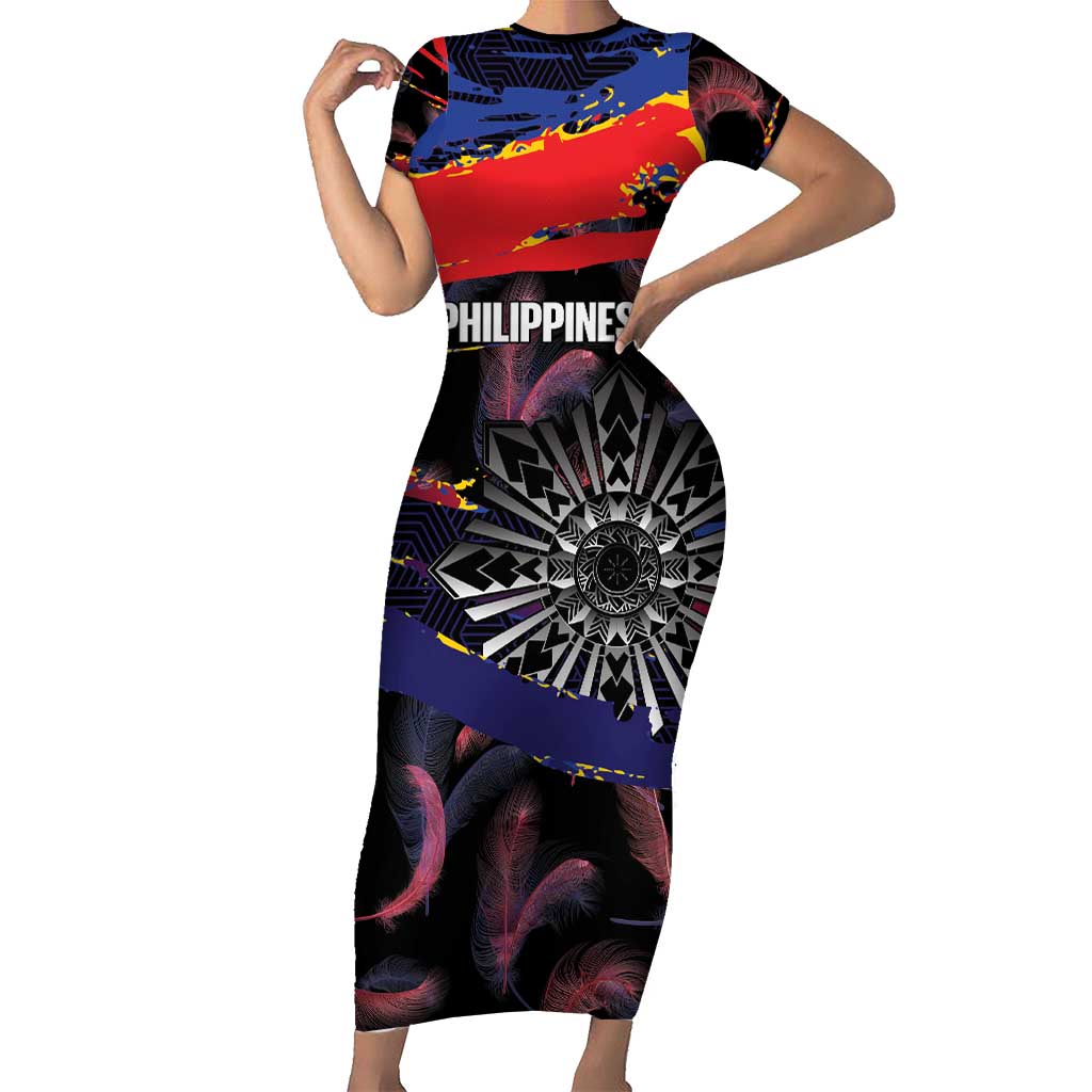 Philippines Sun Tattoo Family Matching Short Sleeve Bodycon Dress and Hawaiian Shirt Feathers Filipinas Grunge Style Black LT14 Mom's Dress Black - Polynesian Pride