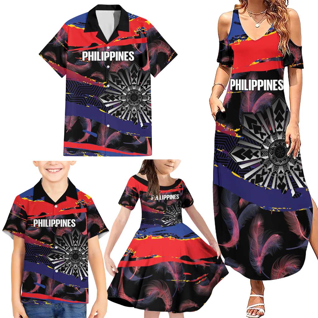 Philippines Sun Tattoo Family Matching Summer Maxi Dress and Hawaiian Shirt Feathers Filipinas Grunge Style Black LT14 - Polynesian Pride