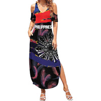 Philippines Sun Tattoo Family Matching Summer Maxi Dress and Hawaiian Shirt Feathers Filipinas Grunge Style Black LT14 Mom's Dress Black - Polynesian Pride