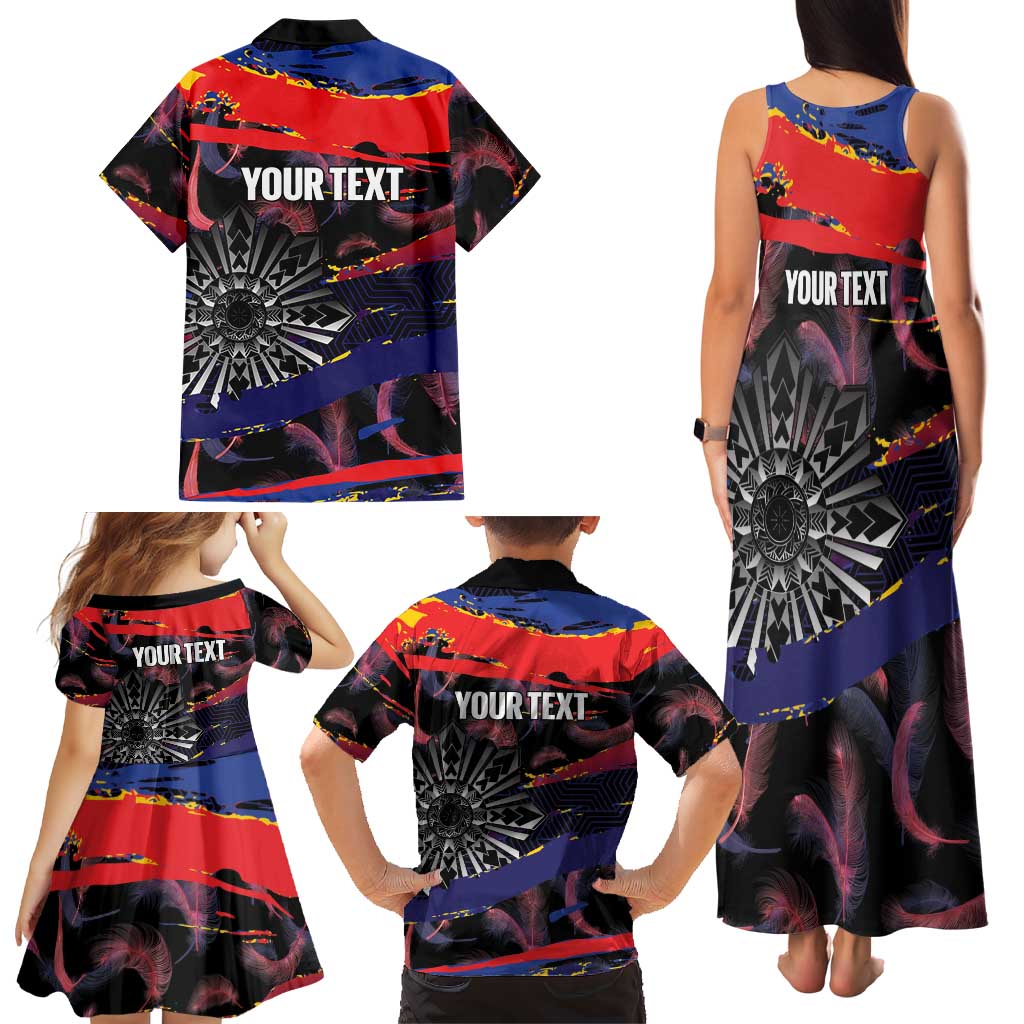 Philippines Sun Tattoo Family Matching Tank Maxi Dress and Hawaiian Shirt Feathers Filipinas Grunge Style Black LT14 - Polynesian Pride