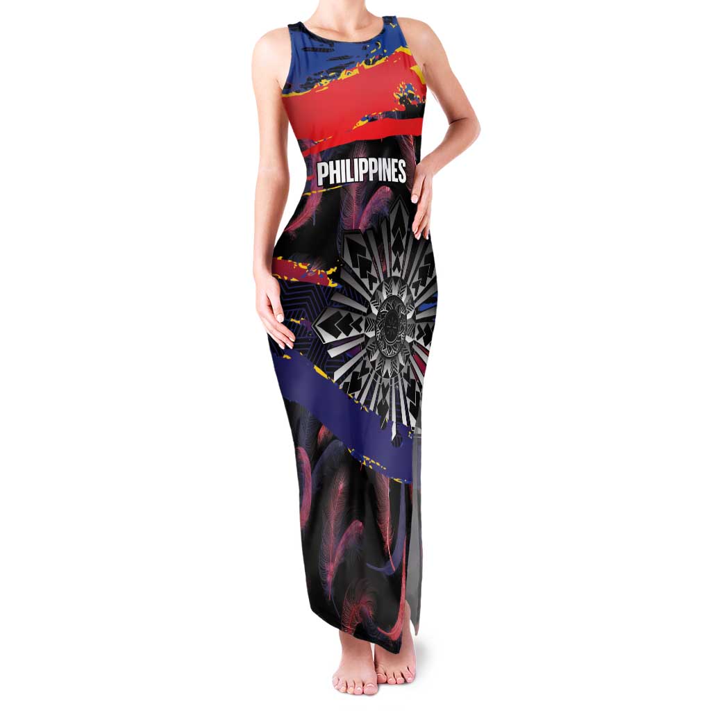 Philippines Sun Tattoo Family Matching Tank Maxi Dress and Hawaiian Shirt Feathers Filipinas Grunge Style Black LT14 Mom's Dress Black - Polynesian Pride