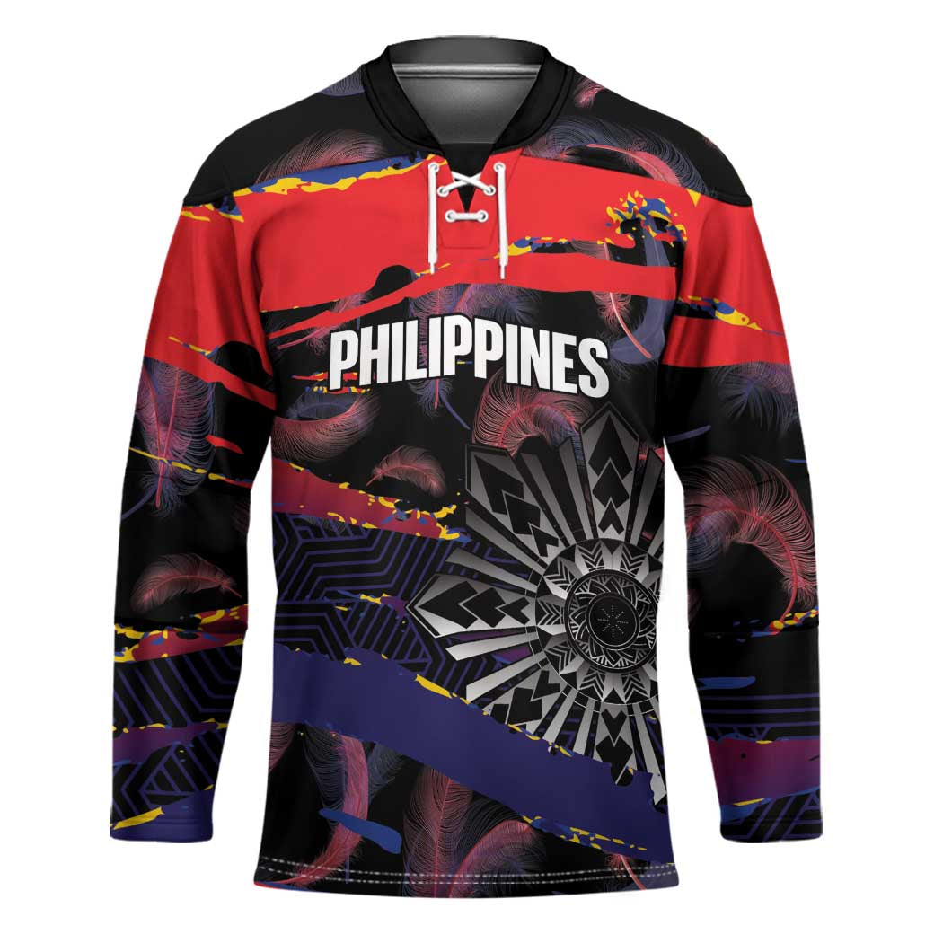 Philippines Sun Tattoo Hockey Jersey Feathers Filipinas Grunge Style Black