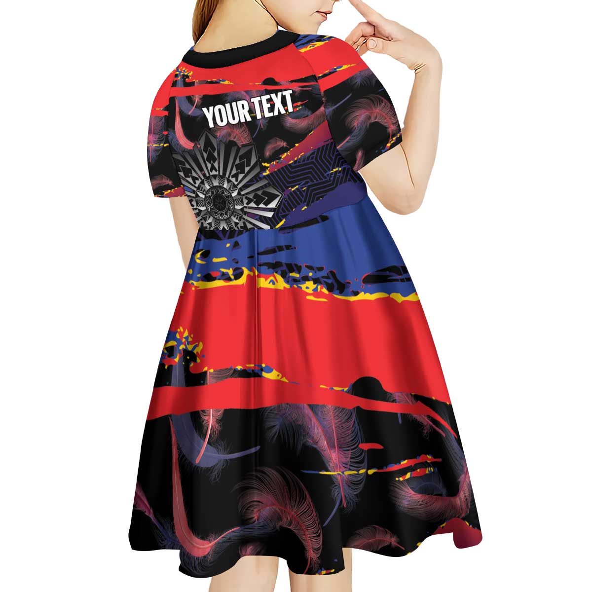 Philippines Sun Tattoo Kid Short Sleeve Dress Feathers Filipinas Grunge Style Black